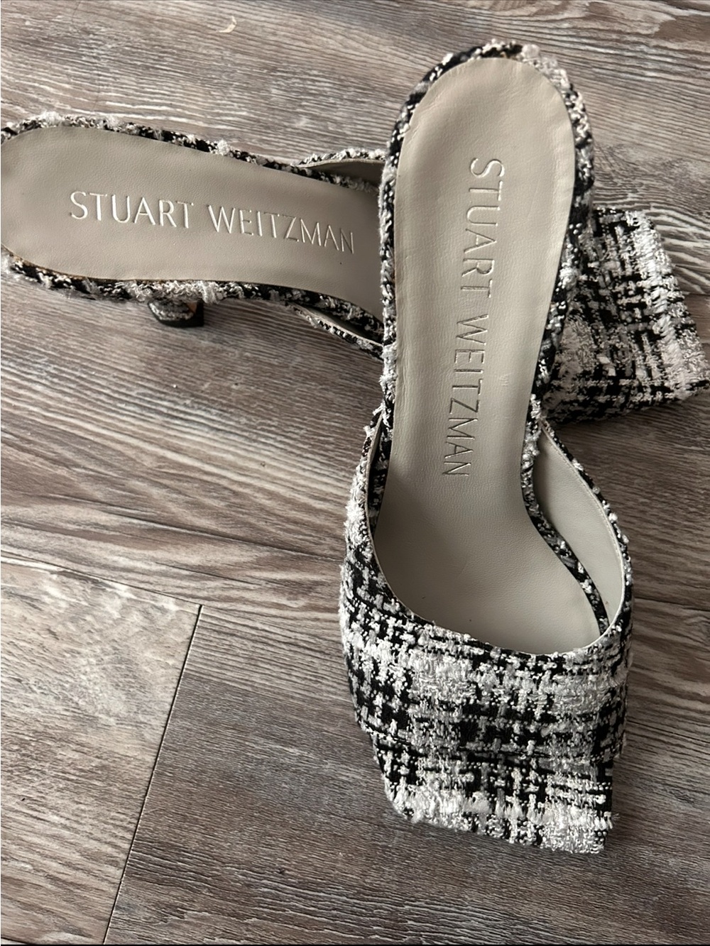 Stuart Weitzman Black & White Tweed Slide Mules